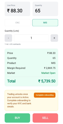 Mobile order screen with price, quantity, CNC/MIS options, margin summary, onboarding notice, Buy and Sell buttons