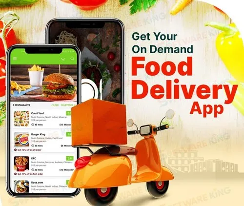 Promotional graphic with two phones showing a restaurant list, an orange scooter with a delivery box and the text Get Your On Demand Food Delivery App