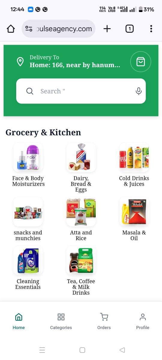Phone screenshot of a grocery app home screen with a green header, search bar and categories such as Dairy, Bread & Eggs and Atta and Rice