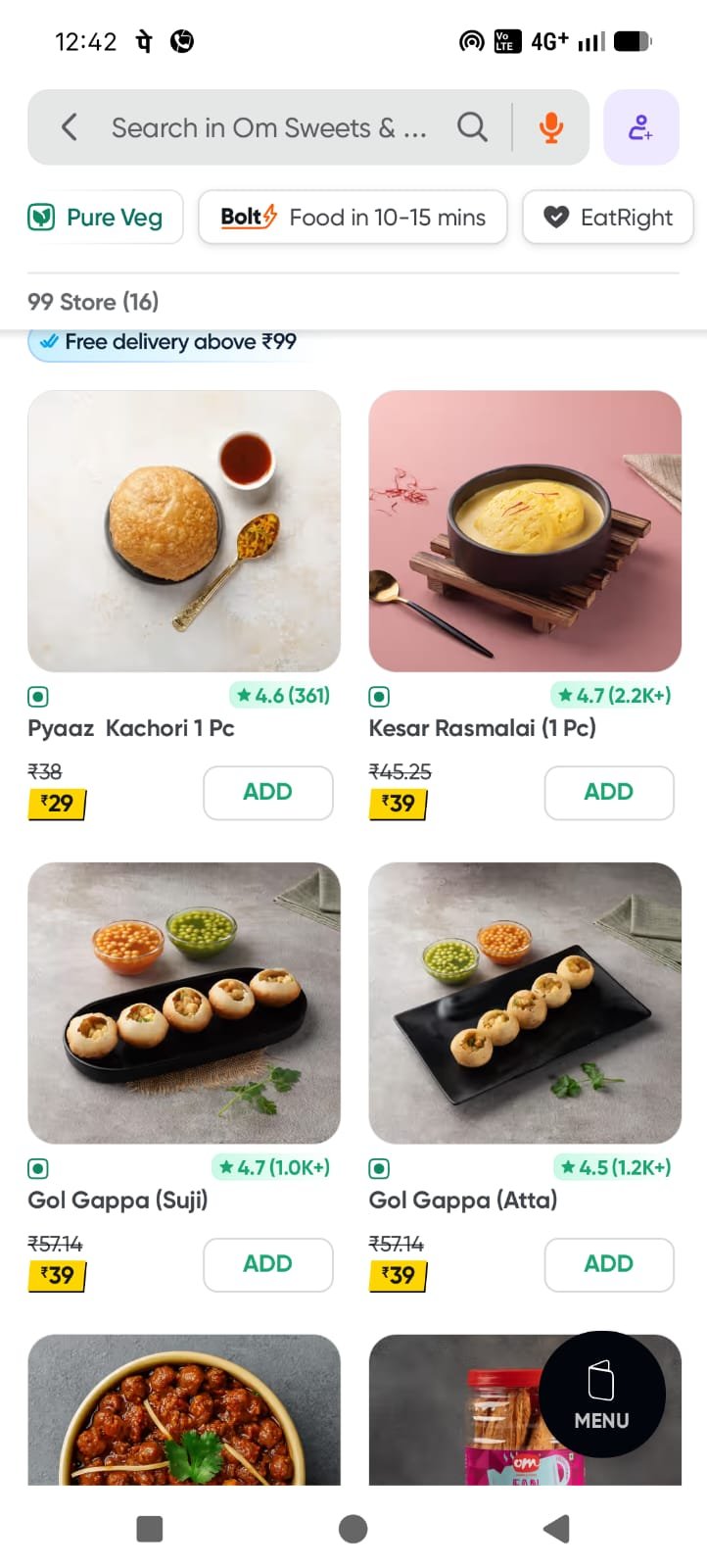 Phone screenshot of a food delivery app store page listing sweets and snacks such as Pyaaz Kachori and Gol Gappa with prices and ADD buttons