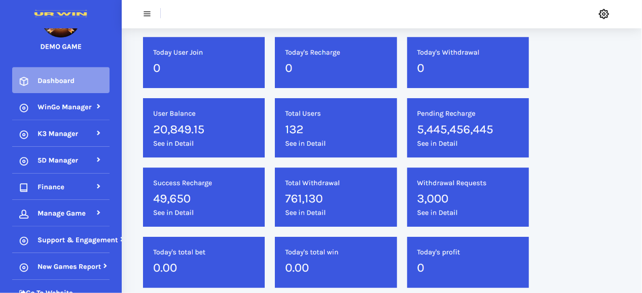 Admin dashboard with a blue sidebar menu and a grid of blue summary tiles with figures
