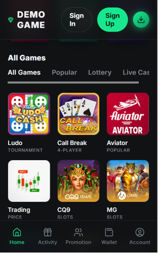 Mobile game lobby on a dark background with sign-in buttons, category tabs, a grid of game tiles and a bottom menu